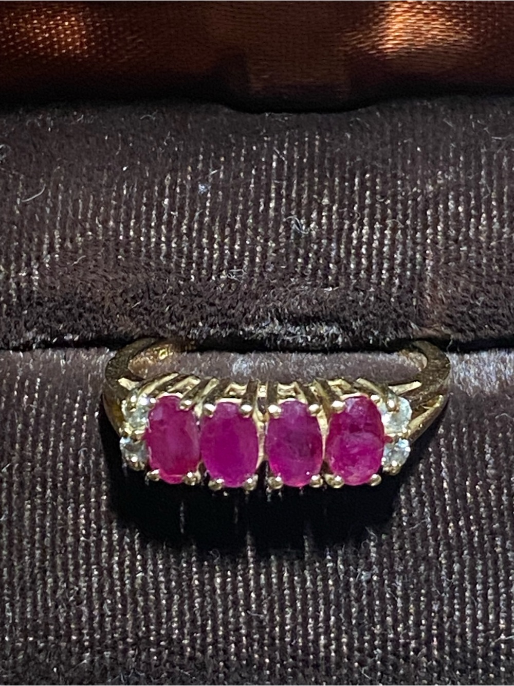 Vintage 14K Yellow Gold Ring with Four Pink Ruby Stones and Accent Diamonds